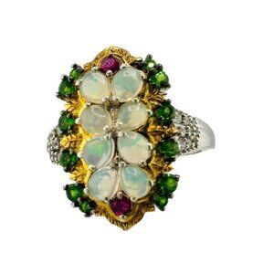 Chuck Clemency Sterling Silver 925 Opal Cluster Ruby Leaf Art Deco Ring Size 10